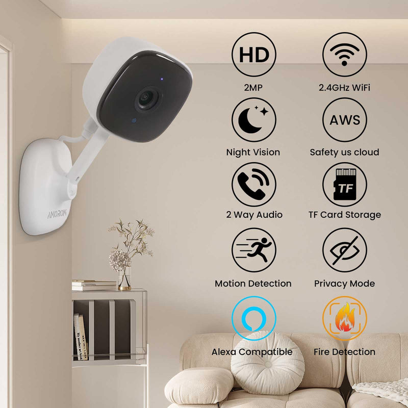 [AUSTRALIA] - AMOROM 2 Pack 1080P Indoor Wired Security Cameras, Home Indoor Cameras for Dog/Cat/Pet/Nanny/Baby/Elderly, Motion Detection, Night Vision, Smoke Siren, 24/7 Recordings, 2.4GHz Wi-Fi 2 Packs 