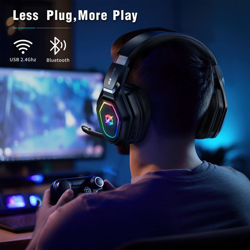 2.4GHz Wireless Gaming Headset with Microphone, 2.4G USB & Type C Transmitter - 30h Battery Life - RGB Lighting Gaming Headphones for PS5, PS4, PC, Phone Black