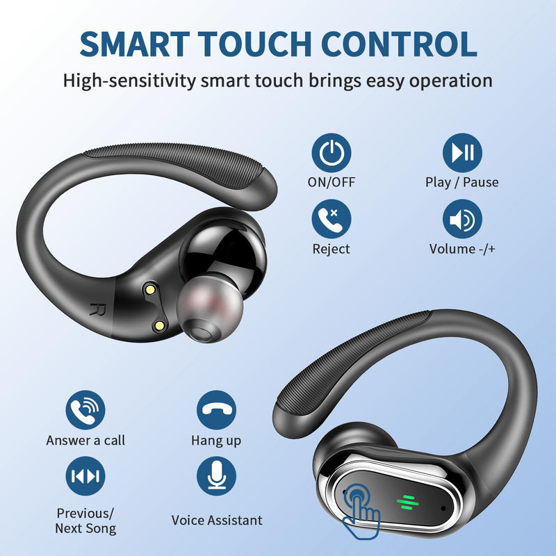 Wireless Earbuds, 2026 Bluetooth 5.4 Headphones Sport, 60Hrs HiFi Stereo Deep Bass Over-Ear buds with ENC Noise Cancelling Mic, IP7 Waterproof & LED Display Earphones with Earhooks for Workout/Running SkyMark Black