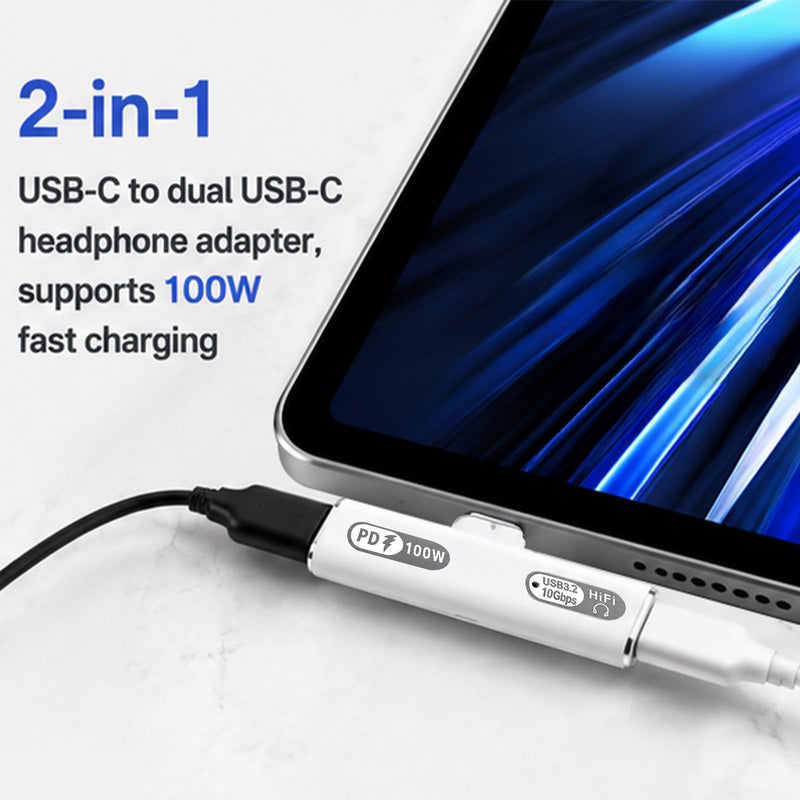 Dual USB C Splitter Adapter with 100W Fast Charging 2 in 1 Type C Splitter Headphones and Charging 10Gbps Date UsbC Splitters Adapter for TypcC Phone Pad Computer Headphone and most TypcC Devices