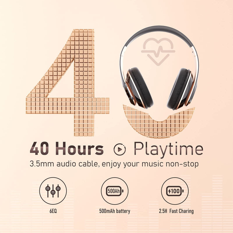 Bluetooth Headphones Over Ear, 6S Wireless Headphones Wired with 6 EQ Modes, 40 Hours Playtime Foldable HiFi Stereo Headset with Microphone, FM/TF for Cellphone/PC/Work (Black & Gold) Black & Gold