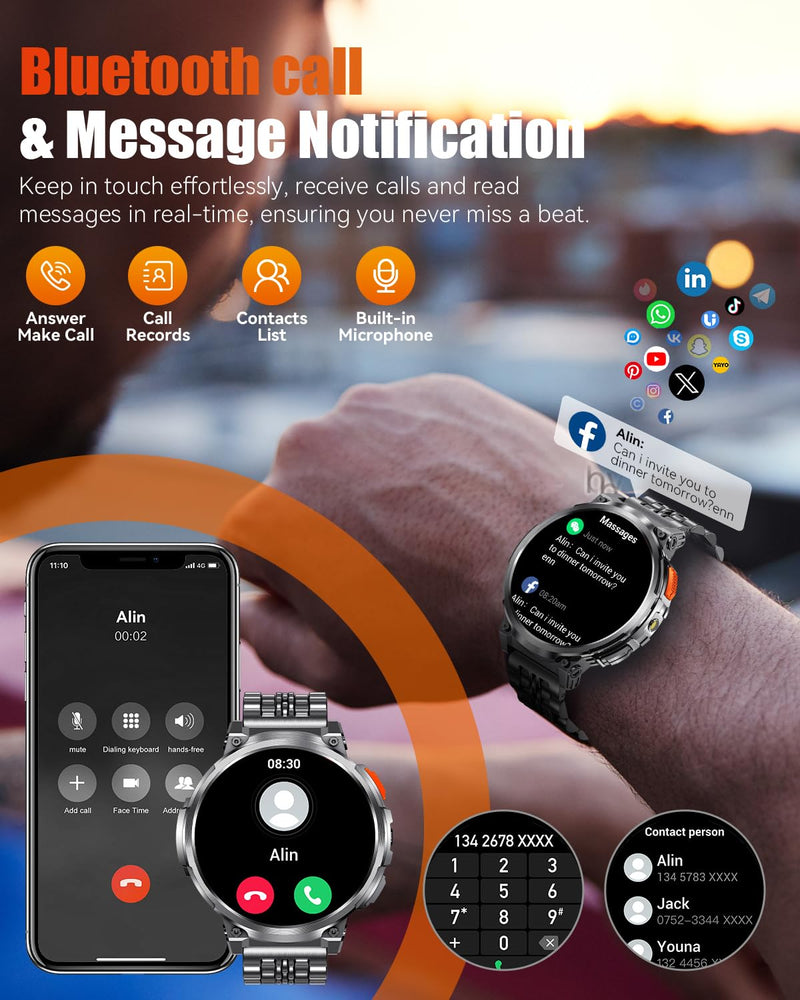 1.85" Big Screen Military Smart Watch for Men with Flashlight, 930mAh Large Battery, IP68 Waterproof, Bluetooth Calling, 114 Sports Modes, Heart Rate/Sleep Monitor for iPhone & Android Black - Silicone & Metal Bands