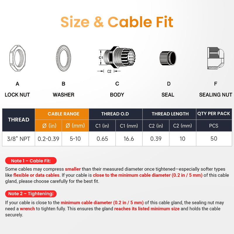 QILIPSU 50pcs 3/8" NPT Cable Gland Waterproof IP68 Nylon Cable Pass Through Cord Grip Connector Strain Relief Wire Grommet 3/8" NPT 50pcs