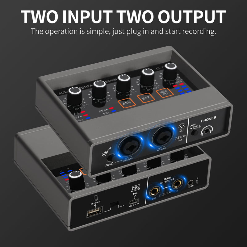 XTUGA USB Audio Interface for PC with Touch Model 16 bit/48 kHz, DSP Effect, 48V Phantom Power XLR Audio Interface for Recording Music, Live Streaming, Q-16