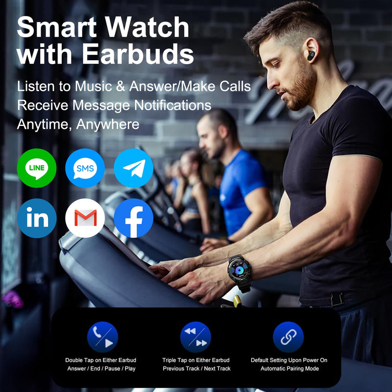 Smart Watch with Earbuds for Men, 1.53" HD Screen Military Watch, Answer/Make Calls, Sports Fitness Trackers with Heart Rate, Blood Oxygen, Sleep Monitor, for Men Dad Husband 98black