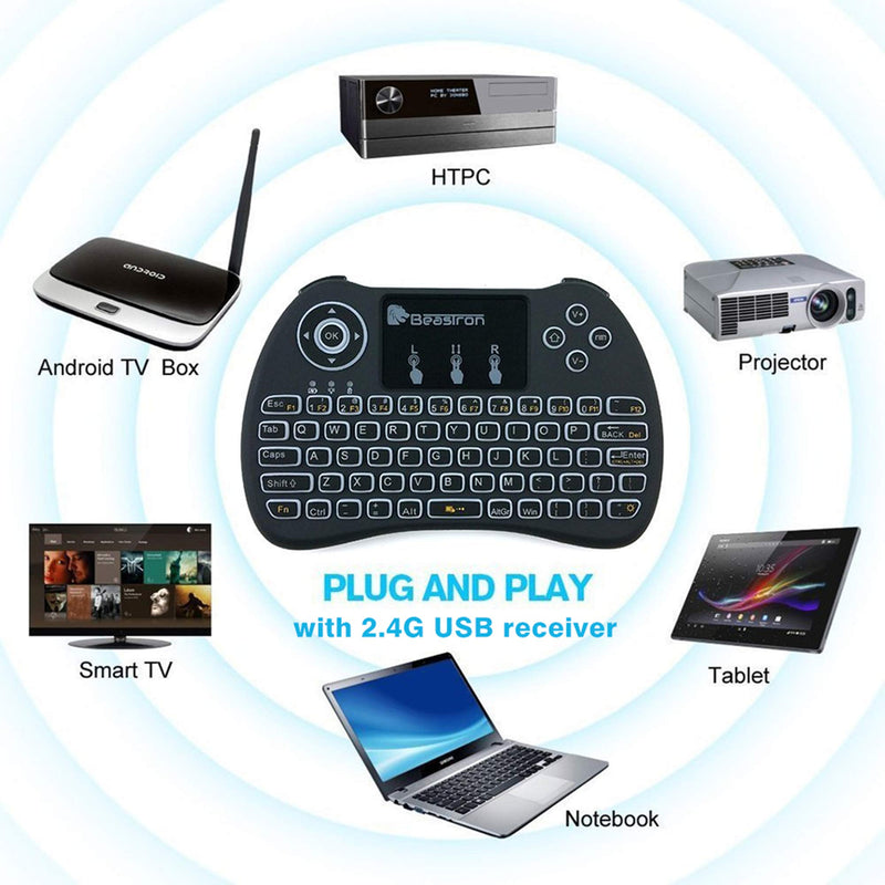 Beastron 2.4G Mini Wireless Keyboard with Touchpad＆QWERTY Keyboard, Backlit Portable Keyboard Wireless with Remote Control for Laptop,PC,Tablets,Pad,Google Android TV,Xbox,PS3/4 .Black