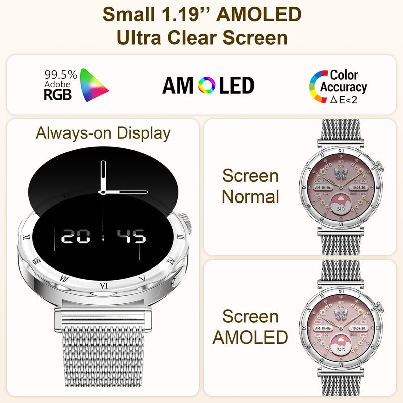 Smart Watches for Women (Answer/Make Calls), 1.19" AMOLED Slim Silver | Smartwatch with Heart Rate/Sleep Monitor,120+ Sport Modes Fitness Tracker with Bluetooth for iOS/Android Silver 1.19''