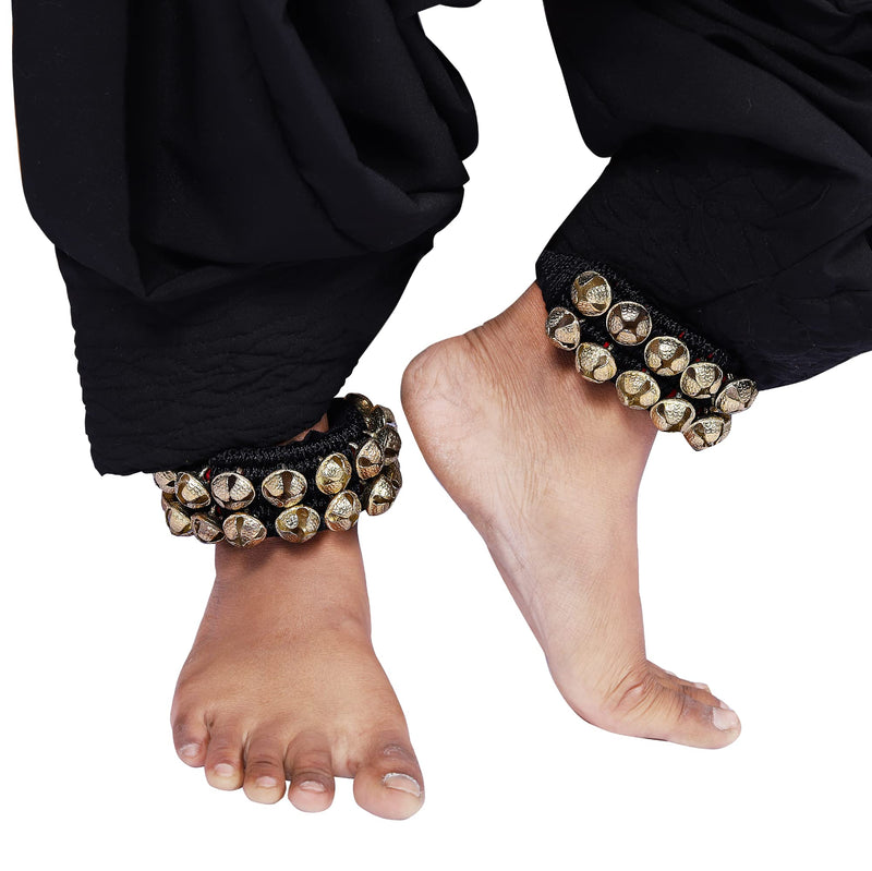 Dancing Bells Anklet Ghungroo with Colored Cushion Pad 2 Line with (20+20) Bells Best For Indian Classical Dance, Indian Style Brass Ankle Bells (BLACK) BLACK