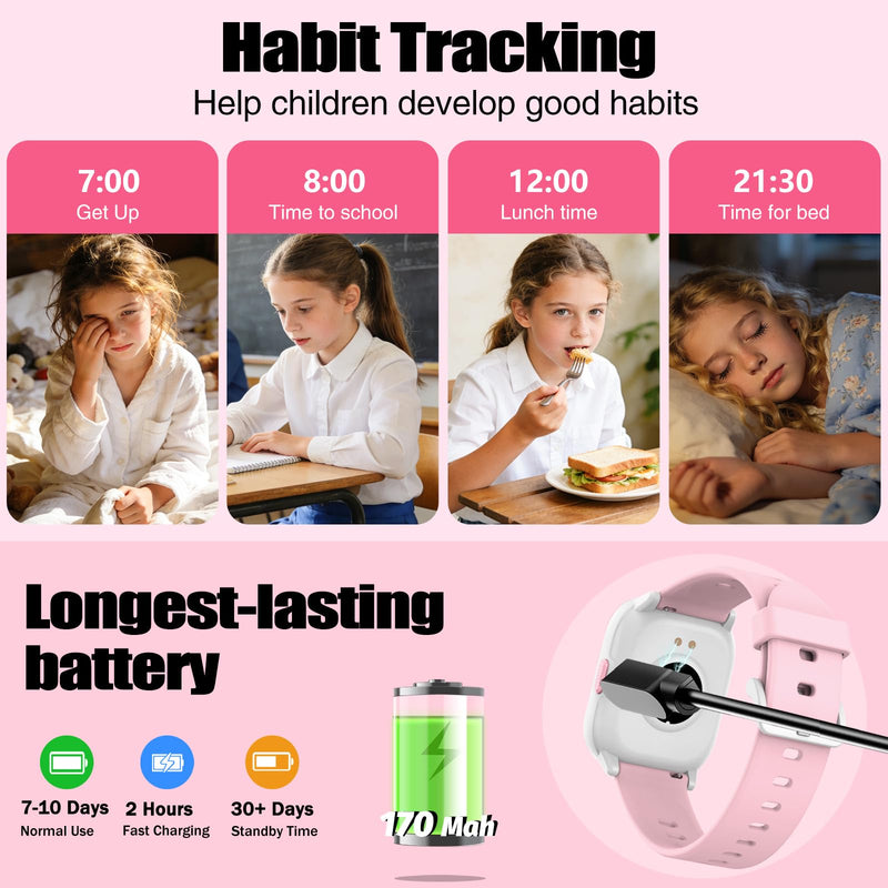 meoonley Kids Watch for Girls Boys with IP68 Waterproof, Girls Watch with 19 Sports Modes, Sleep Tracking, Pedometer, Stopwatch, Kids Activity Tracker, Birthday Gifts for Girls Age 6-15 Years Old Pink