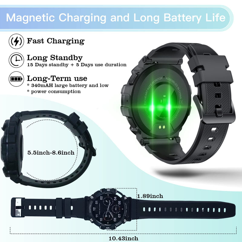 Goodatech 1.39" Military SmartWatch for Men Women, Black | Phone Call, 5ATM IP68 Waterproof, Fitness Tracker, Android iOS Compatible Black.666