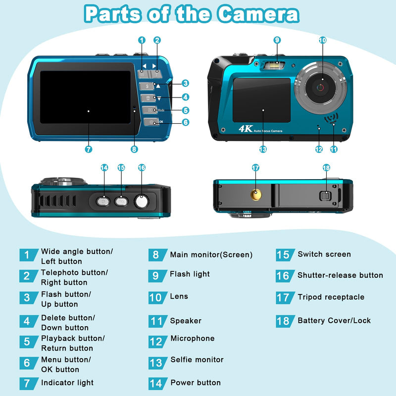 Waterproof Digital Camera, Underwater Camera with 32GB Card(Installed), 4K FHD 48MP Dual-Screen Selfie Under Water Camera for Photography, 10FT Waterproof Camera for Snorkeling, Surfing, Rafting Blue