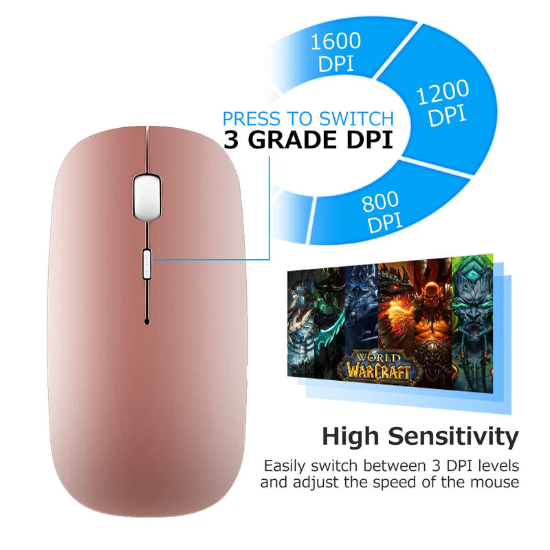 2.4GHz Wireless Bluetooth Mouse, Dual Mode Slim Rechargeable Wireless Mouse Silent USB Mice, 3 Adjustable DPI,Compatible for Laptop Windows Mac Android MAC PC Computer (Rose Gold)