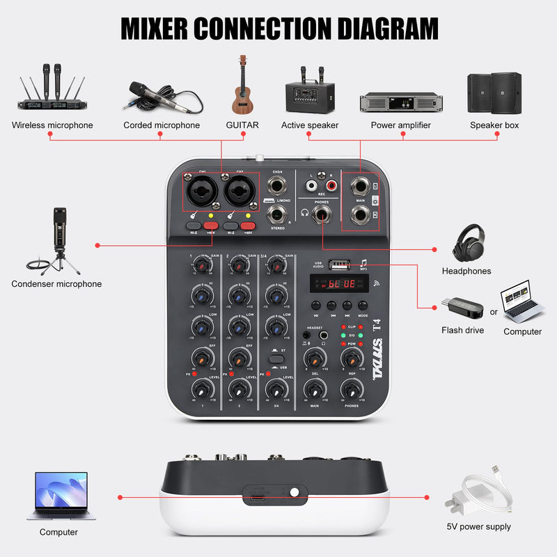 [AUSTRALIA] - Professional Audio Mixer, TKLBLS 4-Channel Unpowered Mixing Console with USB/Bluetooth Playback, 48V Phantom Power, REC Output, MP3 Player, Digital Delay Effects, for Streaming, Studio, Karaoke T4 