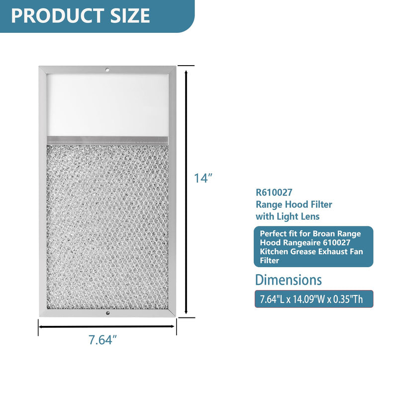R610027 Range hood Filter with Light Lens Replacement For Broan range hood R610027 SR610027 1568322 1568323 PM25WW PM25BL AL9245 Aluminum Mesh Grease Filter 7-5/8" x 14-1/8" x 3/8" 2 Pack