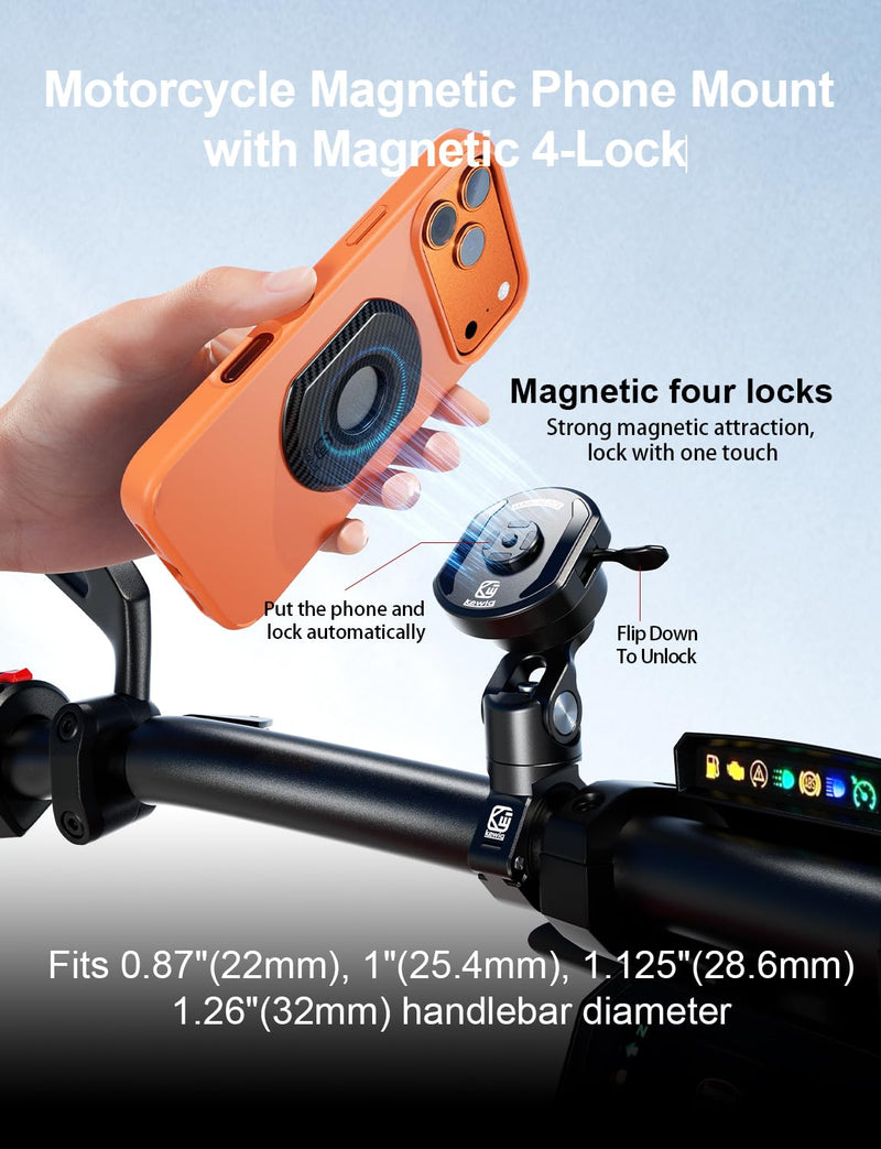 Kewig Aluminum Alloy Motorcycle Magnetic Phone Mount with Magnetic 4-Lock‌ | Vibration Dampener, 1s Auto Lock Bike Phone Holder with Metal Arm & Mounting Base, for 0.87"/1"/1.125"/1.26" Handlebar Short Arm