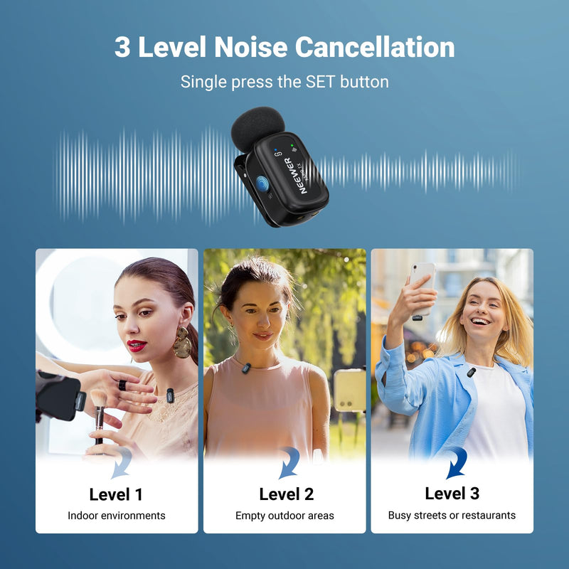 [AUSTRALIA] - NEEWER KM19 Lightweight Wireless Lapel Microphone, 48kHz/24bit 30H Battery 3-Level Noise Cancelling Mute Stereo 100m Range Mini Lav Mic with App Control, Compatible with iPhone Android Phone PC 