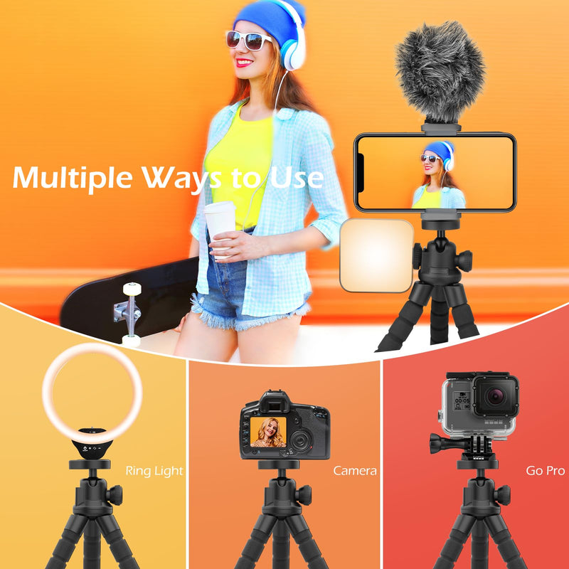 Aureday Cell Phone Tripod, Flexible Mini Tripod with Remote and Cold Shoe, Small Tripod Stand for Video Recording, Vlogging, Compatible with Microphones,Cellphone,Camera,Gopro Black Flexible Tripod with Cold Shoe