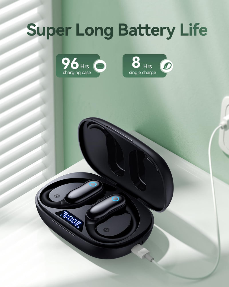 GNMN Active Noise Cancelling Ear Buds Wireless Earbuds 96hrs Playback Bluetooth Headphones Dual Battery Display Stereo Bass Earphones with Earhooks Microphone IPX7 Waterproof for Sports/Runing/Workout Black