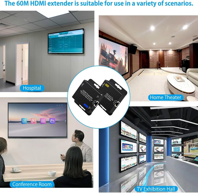 [AUSTRALIA] - 200ft HDMI Extender Over CAT6 CAT7 RJ45 Ethernet to HDMI Converter LAN Extension POC Support 1080P 3D EDID Copy Deep Color Compatible with PC PS4 Roku Unilateral Power Supply White 
