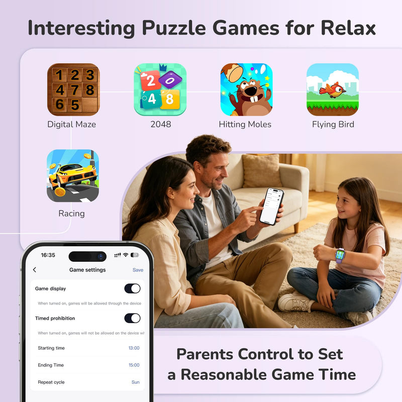 ENOMIR Kids Smart Watch for Girls, Health Monitor,Pedometer Watch for Kids | Smart Watch for Kids with Puzzle Games, Sleep/Heart Rate//SpO2 Monitor, Activities Track,Alarm Reminders,Gifts for Girls 5-16 Purple 2 Straps
