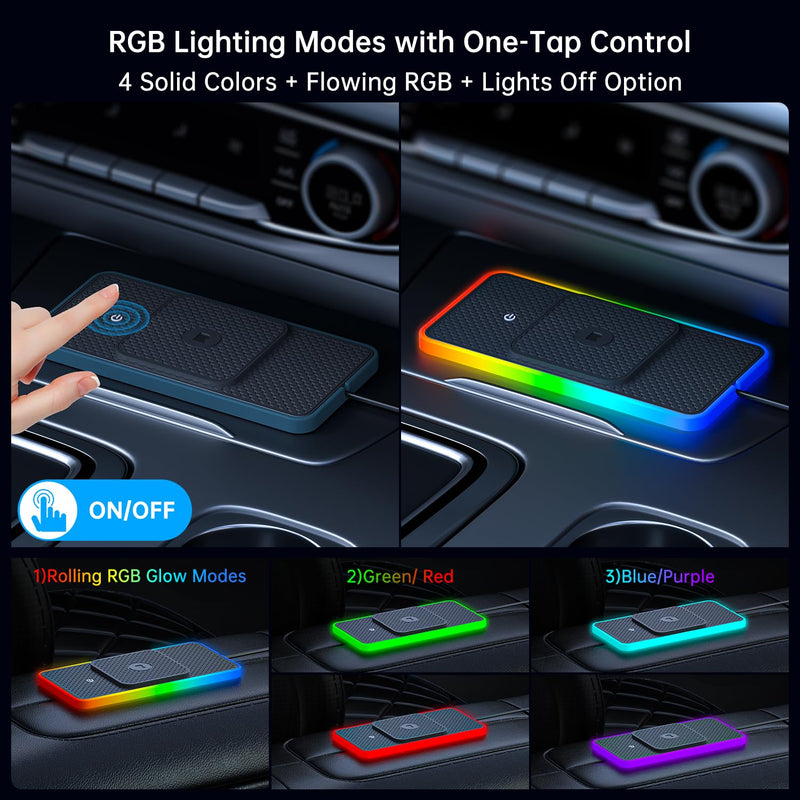 Wireless Car Charger Pad, REESTECQI 15W RGB Wireless Charger for Car Type C Non Slip Charging Pad for Car Compatible with Airpods iPhone16/15/14/13/12, Samsung Google (30CM+ 70CM Extension)