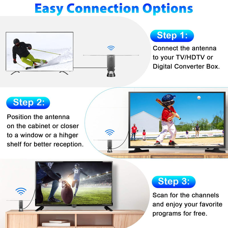 Rabbit Ears Antenna Long Range Reception with Amplifier TV Antenna for Smart TV Indoor, HD Antenna for TV Indoor 4k, Digital Antenna for Smart TV Support All Free HDTV Channels
