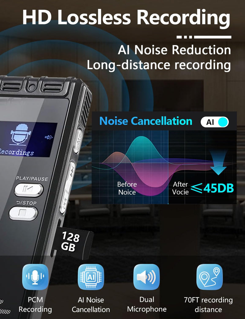 128GB Digital Voice Activated Recorder with Playback - 9104 Hours Audio Recorder, 3072 Kbps HD Recording and Noise-Canceling Voice-Activated Recording, Audio Recording Device for Lectures/Meeting 128GB