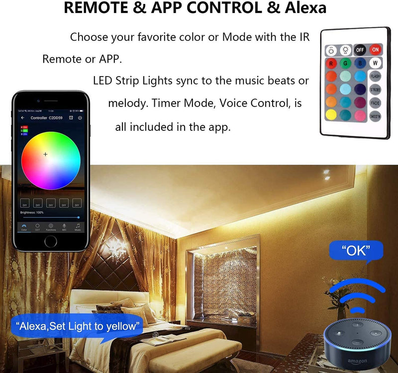 MIHEAL WiFi Wireless Smart Phone Controlled Led Strip Light Kit with DC12V UL Listed Power Supply Waterproof SMD 5050 32.8Ft(10M) 300leds RGB Music LED Light Strip Compatible with Android, iOS Alexa