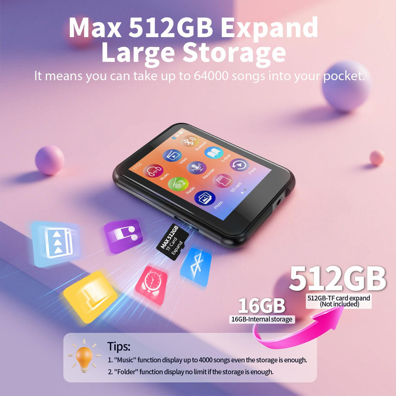 [AUSTRALIA] - 64GB MP3 Player with Bluetooth 5.3, QNGEE 2.4 inch Full Touchscreen Music MP3 for Kids, FM Radio, Voice Recorder, HiFi Sound, E-Book, Earphones Included Black & Orange Case 64GB 