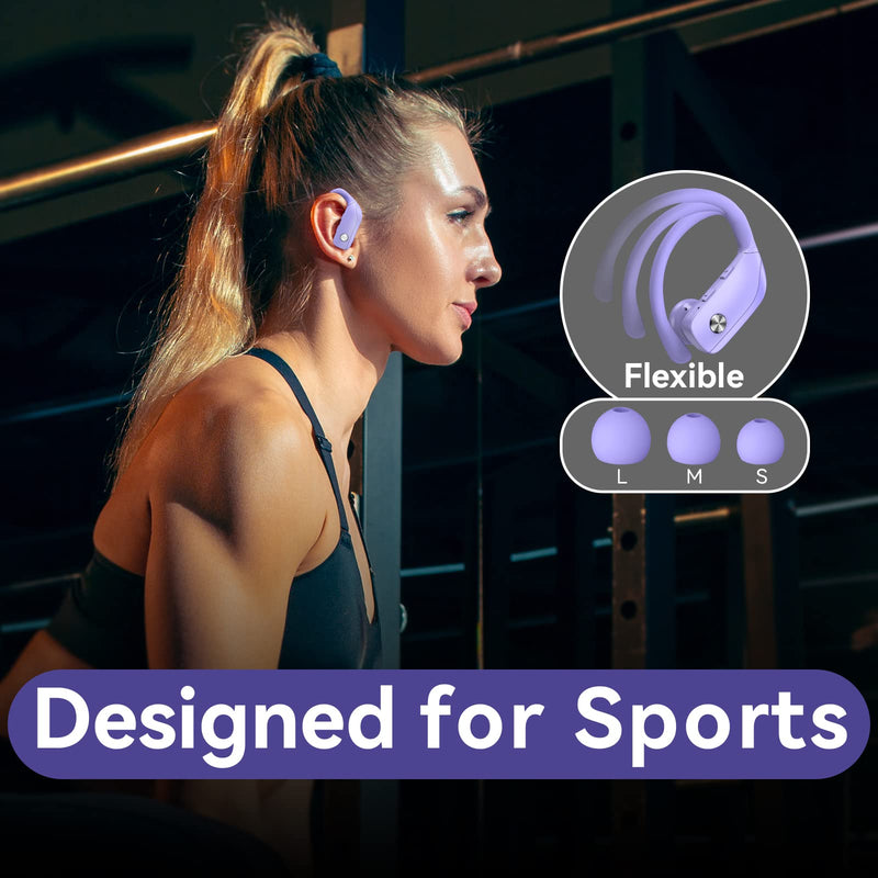bmani 2 Sets Wireless Earbuds Bluetooth Headphones 48hrs Play Back Sport Earphones with LED Display Over-Ear Buds with Earhooks Built-in Mic Headset for Workout Pink+Purple