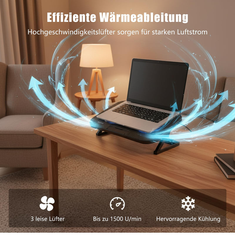Laptop Cooling Pad with 3 Quiet Fans, 5-Level Height Adjustable Ergonomic Stand, 2 USB Ports & Phone Holder, Fits 12-17 Inch Laptops, Family-Friendly for Gaming/Work/Online Class,