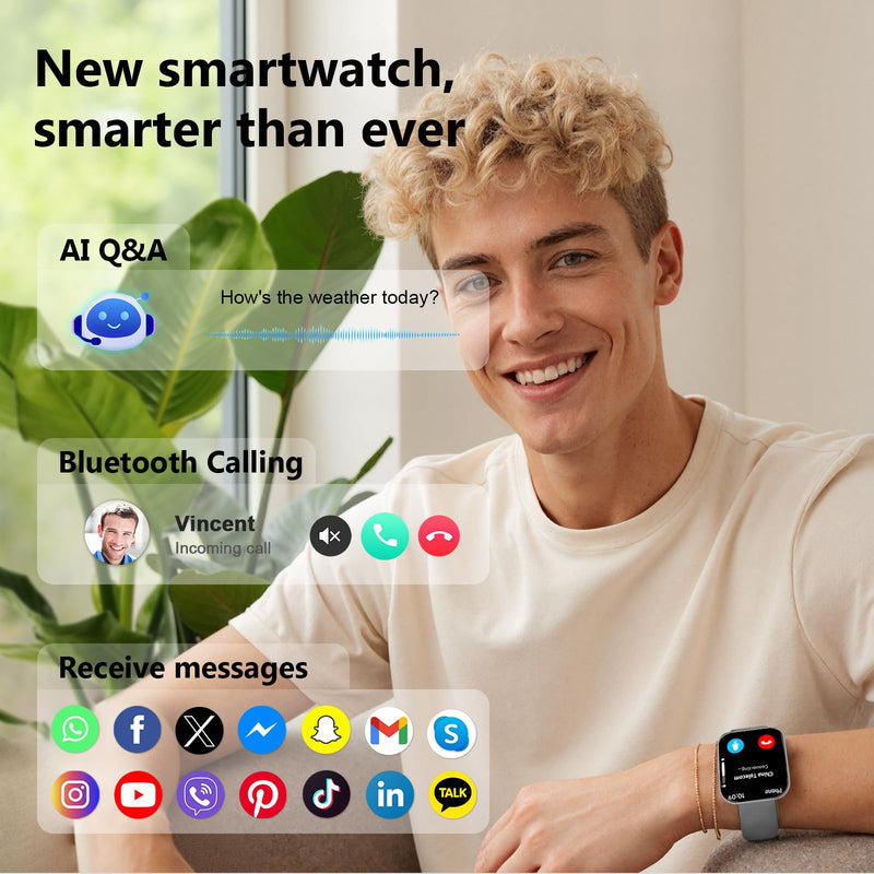 Smart Watch for Men Women, Bluetooth Calls, AI Dial,AI Q&A,1.85" HD AMOLED Curved Display Fitness Watch with Heart Rate/SpO2/Stress Monitor, Pedometer,110+ Sports Waterproof IP68 Smartwatch,Light Gray