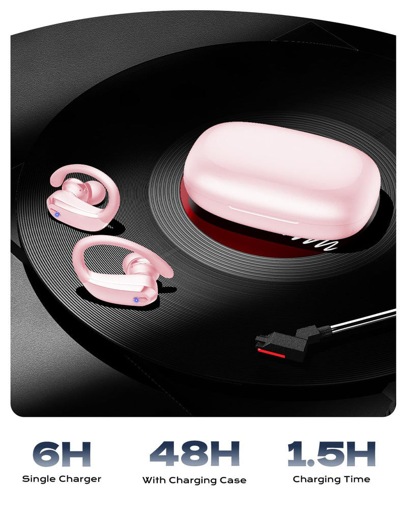 Wireless Earbuds Bluetooth 5.3 Sport Headphones with Earhooks,IPX7 Waterproof Earphones,48H Playtime Earbuds,Lightweight 7.8g,Noise Cancelling Mic Bluetooth Headphones for Running & Workout (Coral)