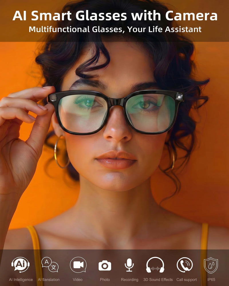 AI Smart Glasses with Camera and Audio for Travel & Meetings | 4K HD Video Recording, 8MP Camera, AI Voice, Real-Time Translation, Photochromic Lenses, IP65 Waterproof