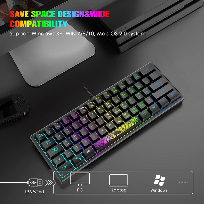 ZIYOU LANG K61 60% Gaming Keyboard Mini Portable with Rainbow RGB Backlit Ergonomic 62Key Layout 19Key Anti-ghosting Mechanical Feel Waterproof USB Wired for PC Mac Windows Gamer Laptop Typists(Black) Black