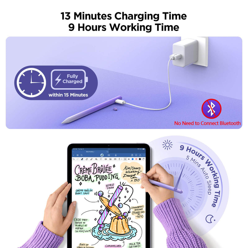 Stylus Pen for iPad 2018-2024, 15Mins Fast Charge for Apple iPad Pencil, Palm Rejection, Tilt Sensitivity, Pen for iPad 10/9/8/7/6, iPad Pro 12.9"/11"/13" M4, iPad Mini 6/5, iPad Air 5/4/3/11"-13" M2 Purple