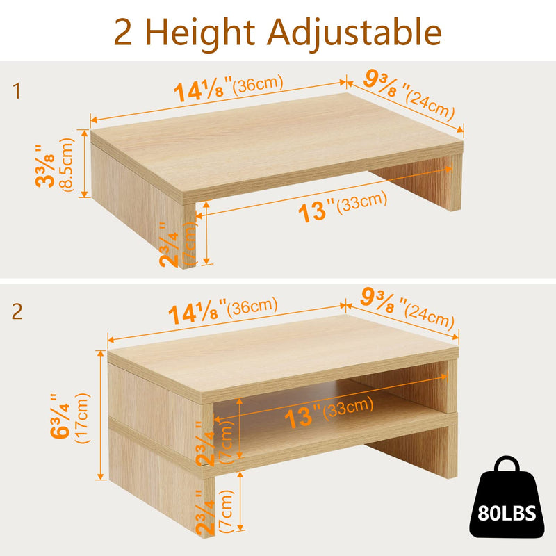 TEAMIX 2 Pack Maple Monitor Stand Riser and 1 Pack 20 inch Maple Monitor Stand Riser for Computer Desk Home Office Organization.