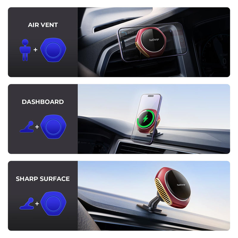 JOYMASS for MagSafe Car Mount Charger, 15W Zinc Alloy Fast Charging Magnetic Wireless Car Charger Phone Holders for Your Car Fits for iPhone 15 Pro Max Plus 14 13 12 Mini MagSafe Case - Red