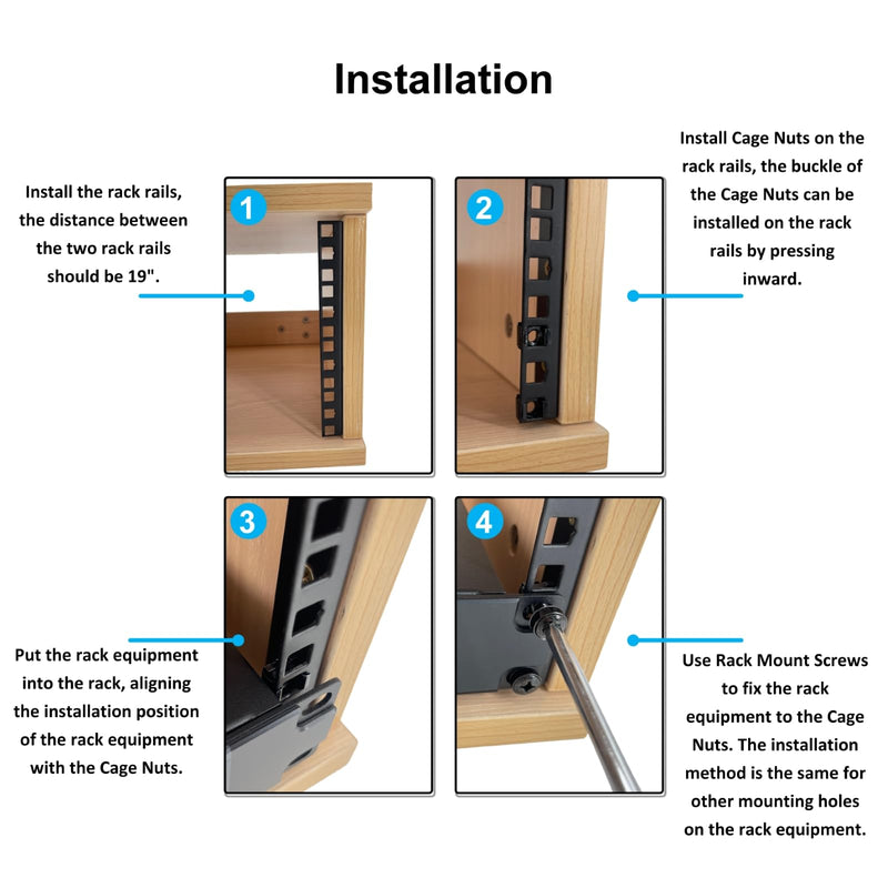 4U Rack Rails with M6 Rack Mount Screws and Cage Nuts Set for DIY Server and Studio Racks