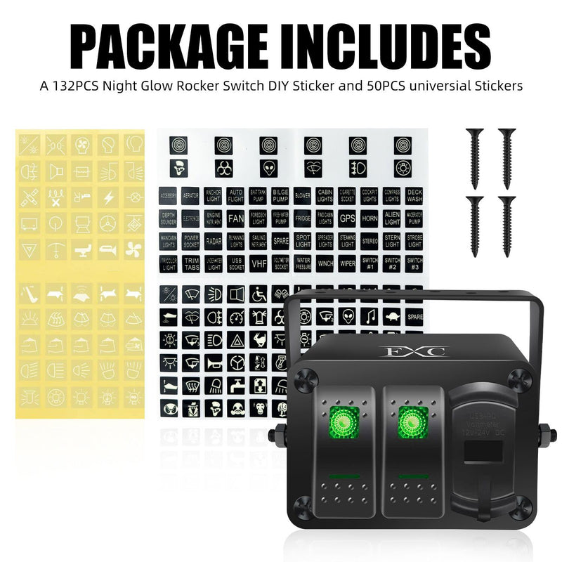 FXC 2 Gang Aluminum Rocker Switch Panel Green Backlit with PD Type C and QC 3.0 USB Charger Voltmeter Waterproof 12V 24V DC Rocker Switch Box for Car Trucks Boats RVs 2 Gang Green