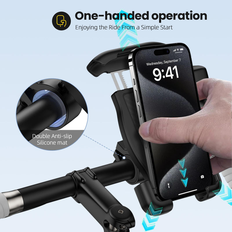 Bike Phone Holder, Motorcycle Phone Mount 360°Rotatable Handlebar Cell Phone Clamp Scooter Phone Clip for iPhone 15 Pro Max/Plus,14/13/12/11,Galaxy S24 Ultra/S23/A15/A54/S9 and More 4.7"-7.3" Phones