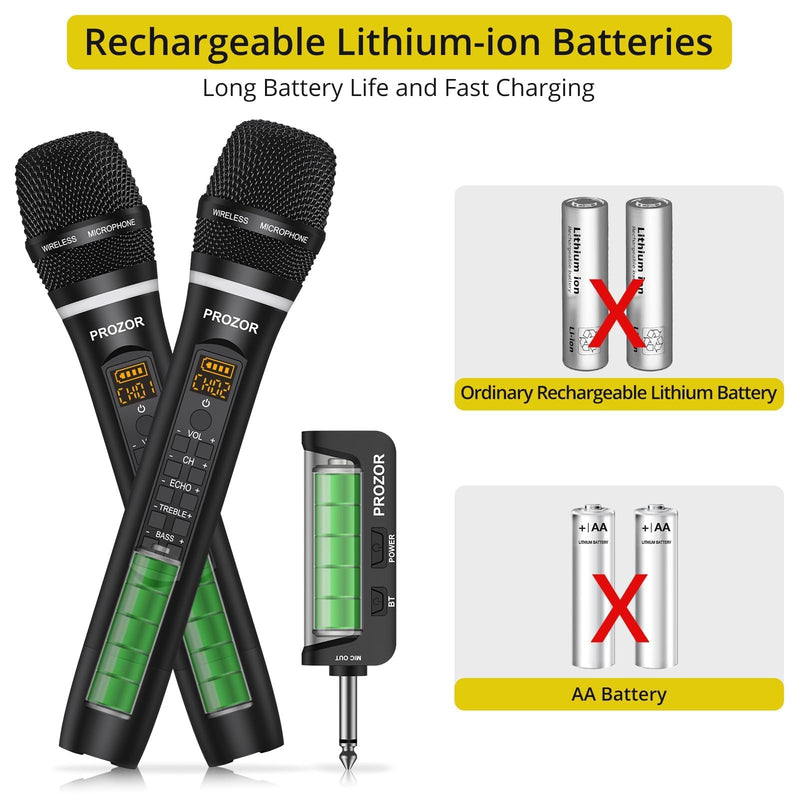 PROZOR UHF Wireless Microphone with Volume Treble Bass Echo Control, Wireless Rechargeable Mic Dual Handheld Dynamic Mic System with Rechargeable Receiver, for Karaoke Machines, DJ, Church, Weddings Rechargeable Portable Bluetooth UHF Mic – Echo Control