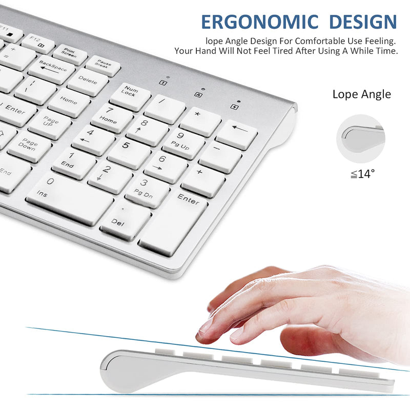Wireless Keyboard and Mouse - FENIFOX USB Slim 2.4G Wireless Keyboard Mouse Combo Full-Size Ergonomic Compact with Number Pad for Laptop PC Computer Windows mac- Silver White