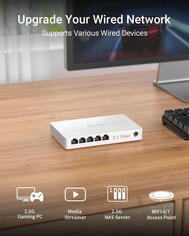 BrosTrend 5 Port 2.5Gb Switch Unmanaged for PC, Game Consoles, NAS, Server | 2.5 Gigabit Ethernet Switch Multi-Gigabit Plug & Play for Gaming, Fanless Quiet, Desktop / Wall Mount, Lifetime Protection