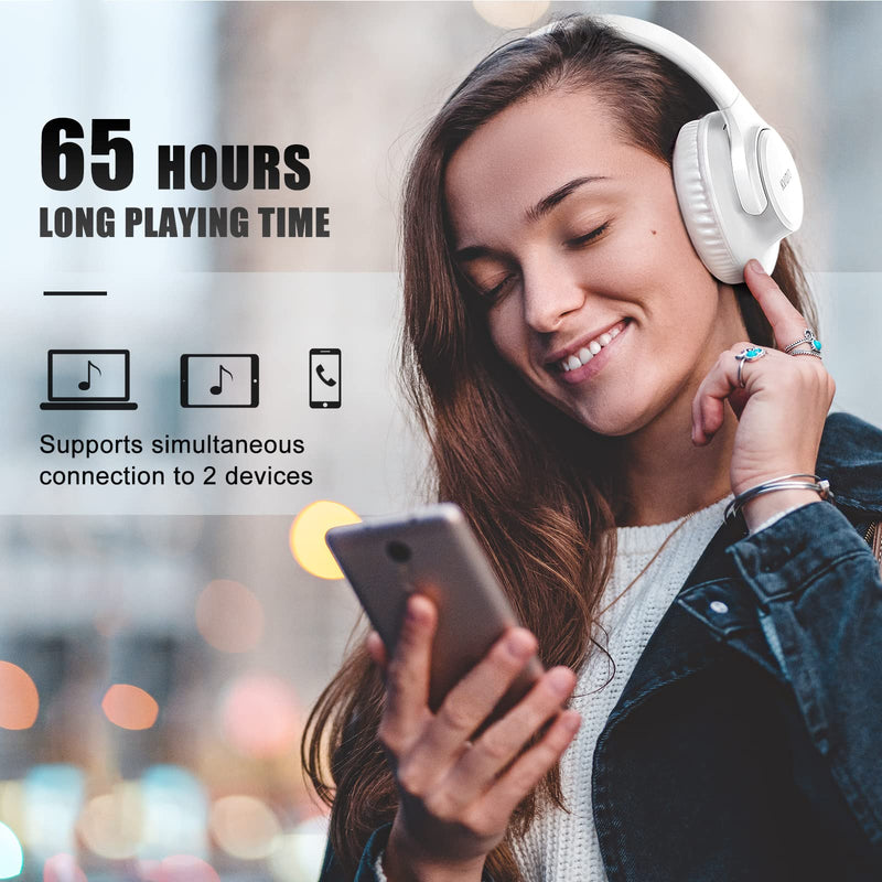 KVIDIO Bluetooth Headphones Over Ear, 65 Hours Playtime Wireless Headphones with Microphone, Foldable Lightweight Headset with Deep Bass, HiFi Stereo Sound Low Latency for Laptop PC Cellphone White