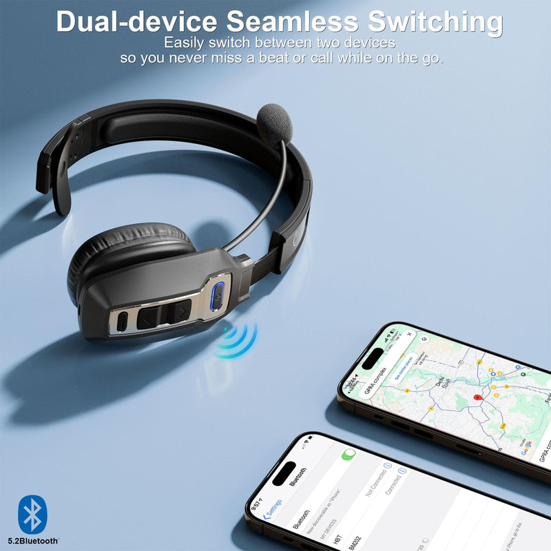 BRAMMAR Trucker Bluetooth Headset with AI Noise Cancellation Microphone, Trucker Headset with 65Hrs Talk Time & Mute Button, Multipoint Connection, Bluetooth Headsets Fit for Truck Drivers/Cell Phones Black