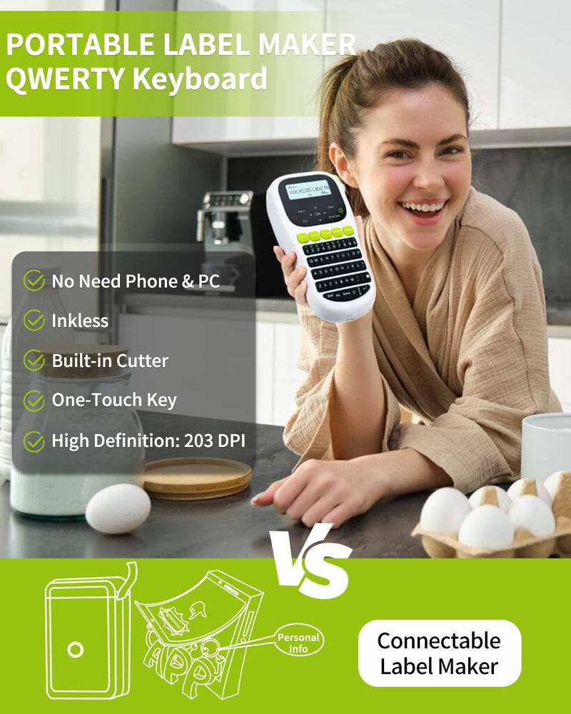[AUSTRALIA] - Label Maker Machine with-Tape, H1100 Handheld Label Maker Portable Labeler with Backlight Screen Keyboard for Home School Office Organization, Multiple Fonts Symbols Borders Easy to Use Inkless Label Maker with 1 Tape Green 