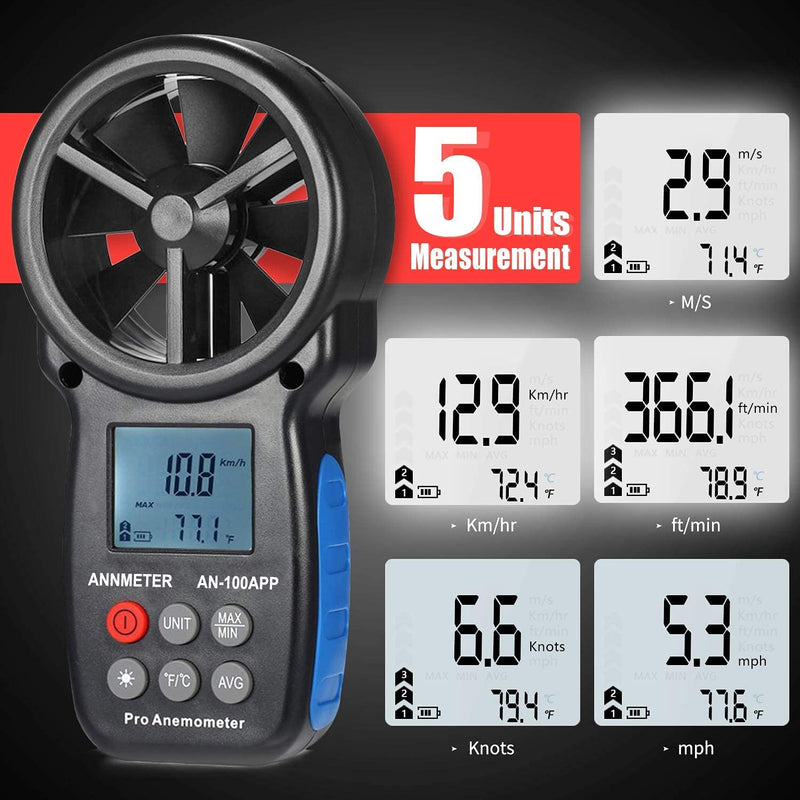 AIOMEST Bluetooth Anemometer Wind Meter with App, Portable Air Speed Meter AI-100APP with Data Logger, RLT System, Wind Gauge, Air Flow Meter, Carry Bag AI-100APP with Bluetooth app connection