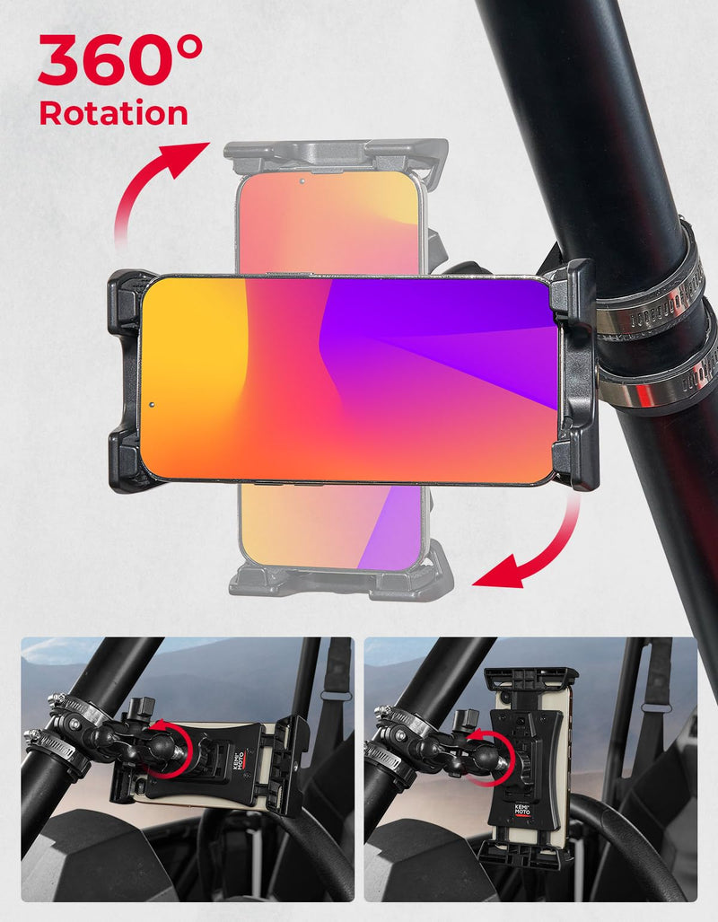 KEMIMOTO UTV Phone Mount ATV Holder, Fit 4.7"-13" Phone & Tablet | 360° Adjustable Heavy Duty, Compatible with Can-Am Maverick X3 Outlander Polaris RZR Sportsman Kawasaki Talon Viking