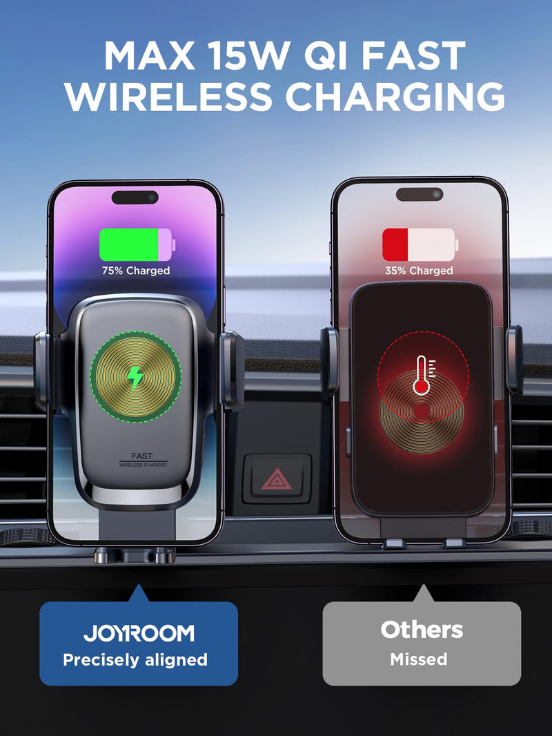 JOYROOM Wireless Car Charger, 15W Auto Clamping Car Phone Holder Charger | Secure Hold, Fast & Stable Charging, Qi-Certified, Adjustable Vent Clip, Quick-Release Button, Smart Power Off, Case Friendly